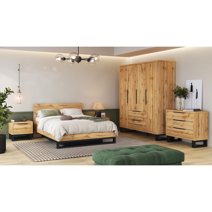 Scandinavische stijl houten kast 190cm met 4 deuren en 2 laden in ruwe eiken kleur. MILOS collectie