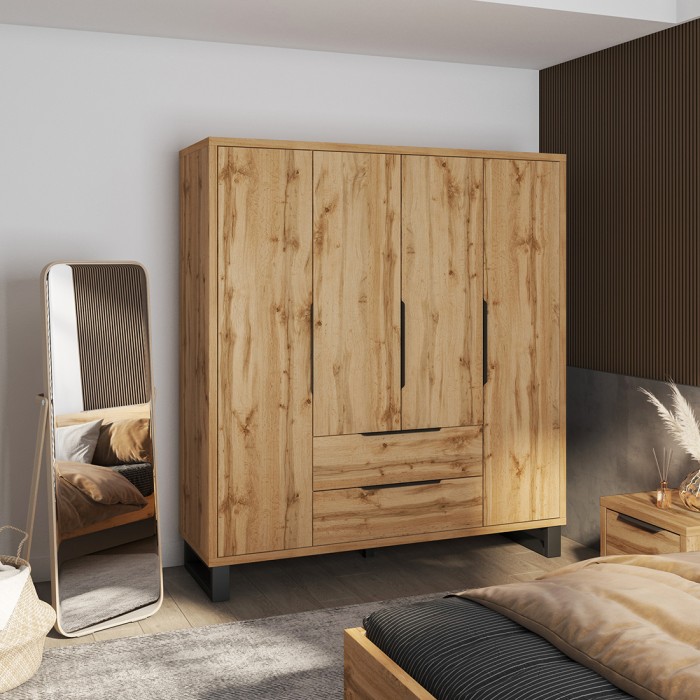 Schrank im skandinavischen Stil aus Holz 190cm mit 4 Türen und 2 Schubladen in roher Eichenfarbe. Kollektion MILOS