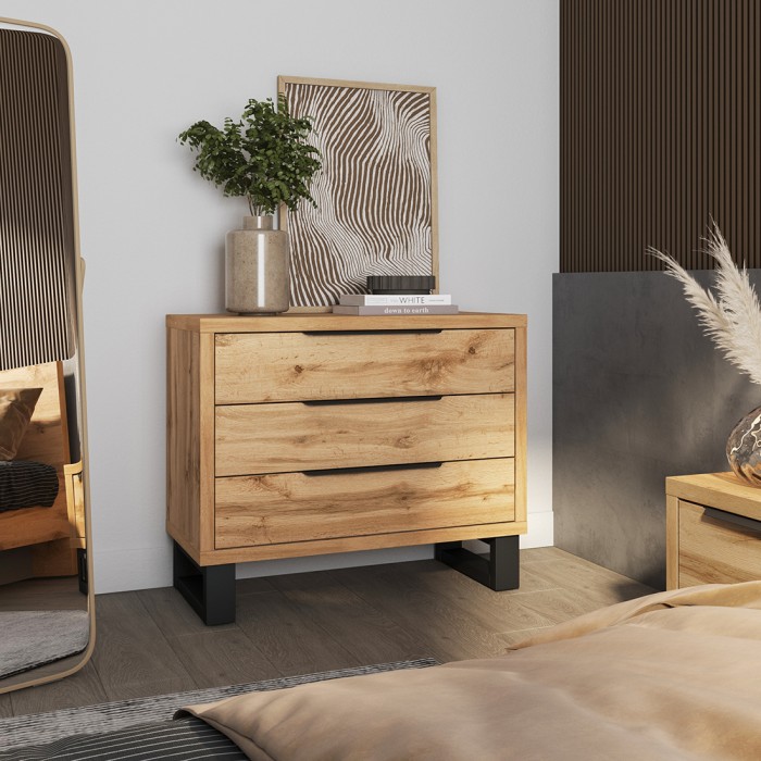 Kommode MILOS – 3 Schubladen im Industriestil, rohe Eiche und Schwarz