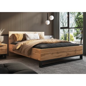 Lit adulte 160x200 style industriel - Collection MILOS. Coloris chêne brut et noir.