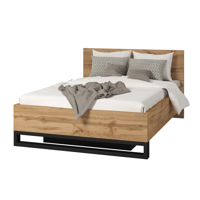 Bett mit Stauraum 160x200 im Industriestil - Kollektion MILOS. Farbe rohe Eiche und Schwarz.