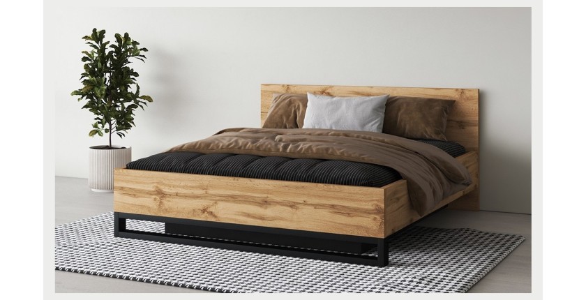 Bett mit Stauraum 180x200 im Industriestil - Kollektion MILOS. Farbe Roh-Eiche und Schwarz.