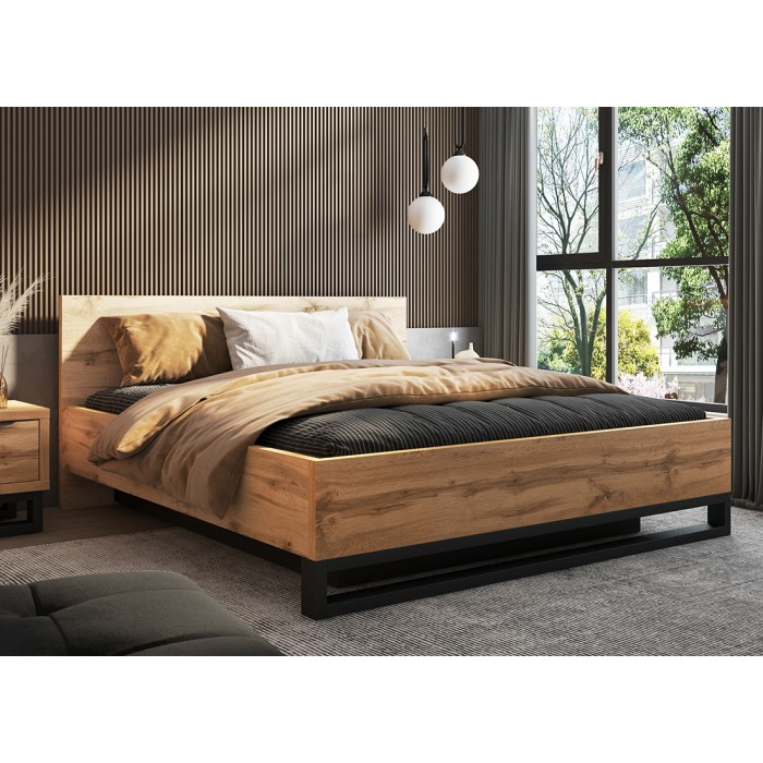 Bett mit Stauraum 180x200 im Industriestil - Kollektion MILOS. Farbe rohe Eiche und Schwarz.