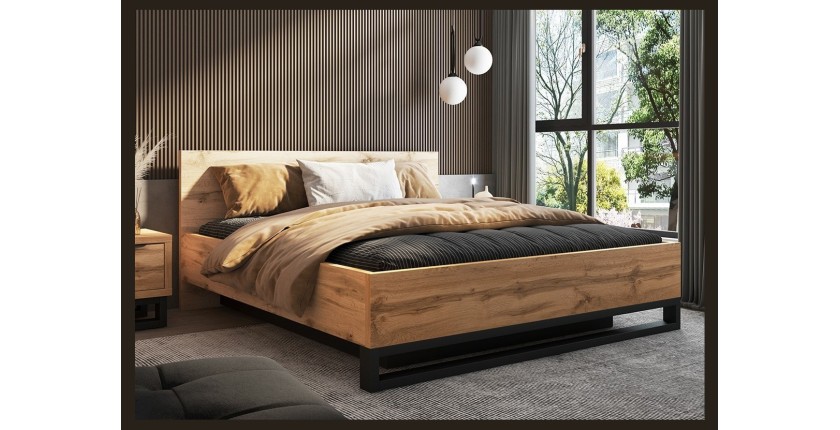 Bett mit Stauraum 180x200 im Industriestil - Kollektion MILOS. Farbe Roh-Eiche und Schwarz.