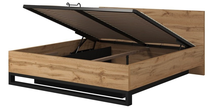 Bett mit Stauraum 180x200 im Industriestil - Kollektion MILOS. Farbe Roh-Eiche und Schwarz.