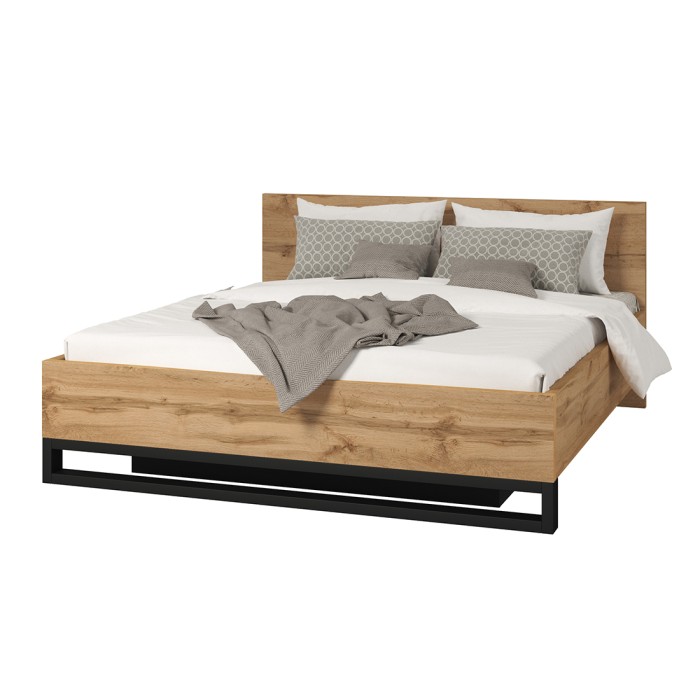 Bett mit Stauraum 180x200 im Industriestil - Kollektion MILOS. Farbe rohe Eiche und Schwarz.