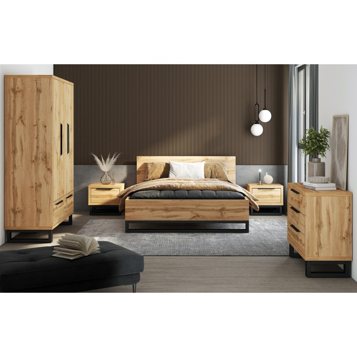 Erwachsenenbett 140x200 im Industriestil - Kollektion MILOS. Farbe rohe Eiche und Schwarz. Lattenrost inklusive