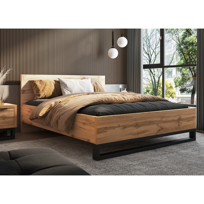 Erwachsenenbett 160x200 im Industriestil - MILOS Kollektion. Farbe rohe Eiche und Schwarz. Lattenrost inklusive.