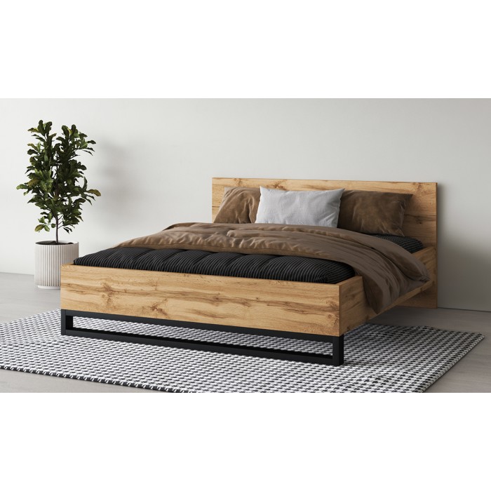 Erwachsenenbett 180x200 im Industriestil - Kollektion MILOS. Farbe rohe Eiche und schwarz. Lattenrost inklusive.