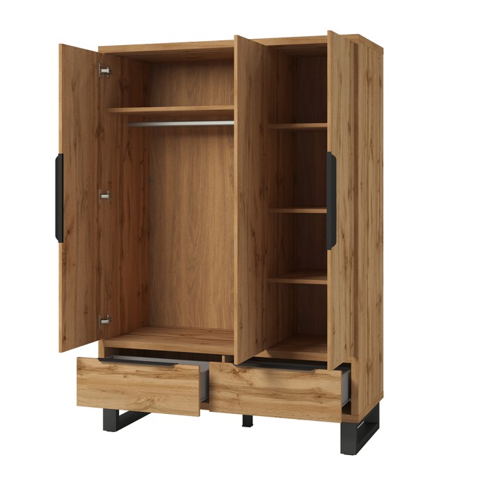 Komplettes Industriestil-Schlafzimmer der Kollektion MILOS: Kleiderschrank mit 3 Türen, Bett 180x200, Kommode, Nachttische, rohe
