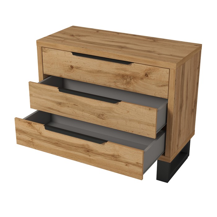 Komplettes Industriestil-Schlafzimmer der Kollektion MILOS: Kleiderschrank mit 3 Türen, Bett 180x200, Kommode, Nachttische, rohe