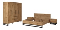 Vollständiges Industrie-Schlafzimmer-Set MILOS: Kleiderschrank mit 4 Türen, Bett 140x200, Kommode, Nachttische, rohe Eiche/schwa