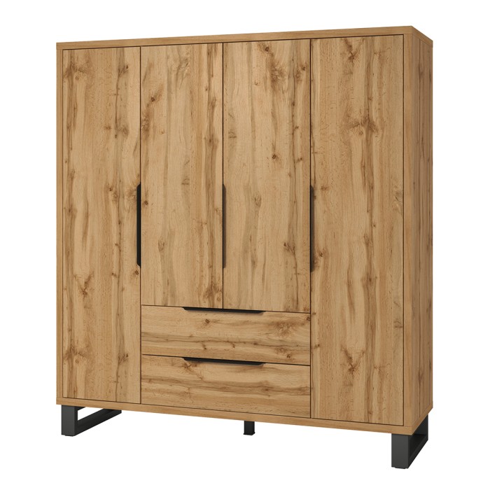 Komplettes industrielles Schlafzimmer MILOS: Kleiderschrank mit 4 Türen, Bett 140x200, Kommode, Nachttische, rohe Eiche/schwarz