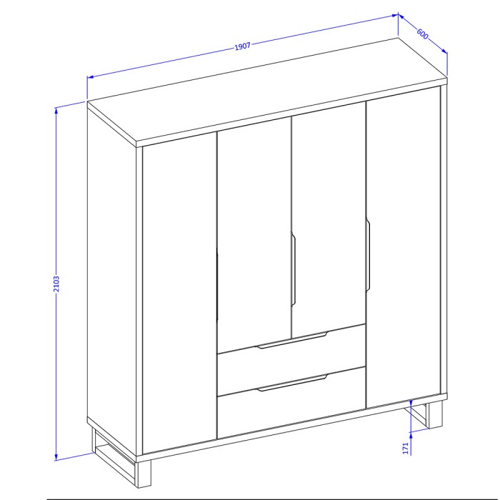 Komplettes industrielles Schlafzimmer MILOS: Kleiderschrank mit 4 Türen, Bett 140x200, Kommode, Nachttische, rohe Eiche/schwarz