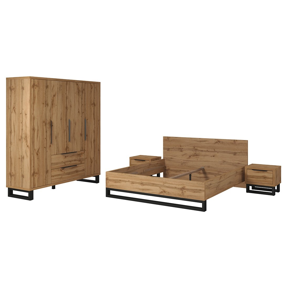 Industrielles Schlafzimmer-Set MILOS: 4-türiger Schrank, Bett 180x200, Kommode, Nachttische, rohe Eiche/schwarz