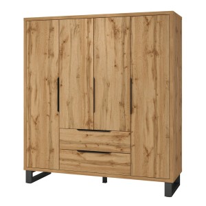 Chambre compléte industrielle MILOS : Armoire 4 portes, lit 180x200, commode, chevets, chêne brut/noir