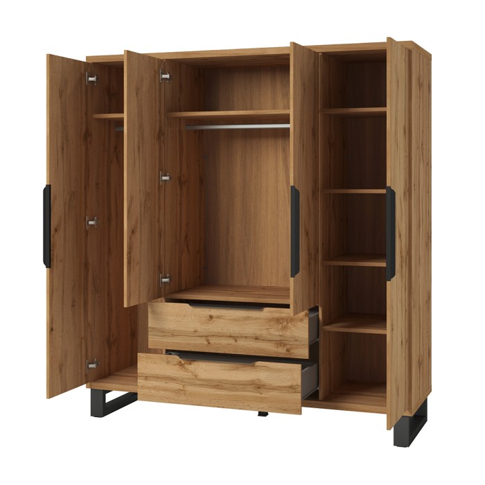 Industrielles Komplettzimmer MILOS: Kleiderschrank mit 4 Türen, Bett 180x200, Kommode, Nachttische, rohe Eiche/schwarz