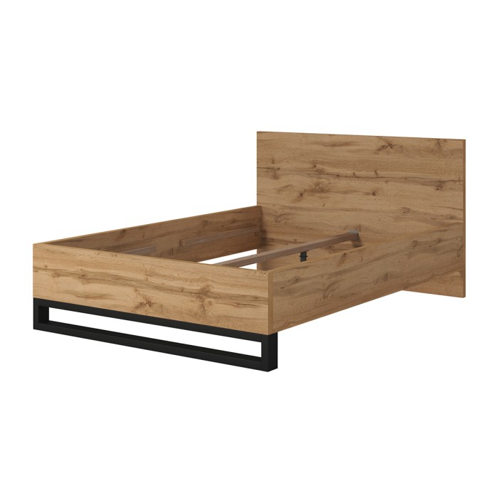 Ensemble lit 140x200 et chevets style industriel, collection MILOS, chêne brut/noir, sommier inclus