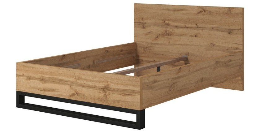 Set letto 140x200 e comodini in stile industriale, collezione MILOS, rovere grezzo/nero, rete inclusa