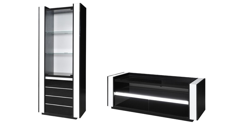 Schwarzes und weißes LINA-Set: Vitrine und TV-Möbel mit LED