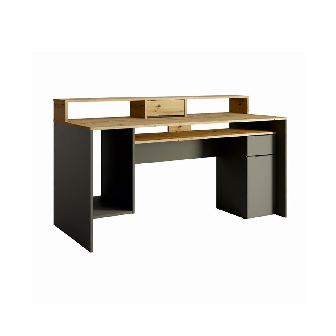 Bureau ordinateur 160cm collection ROXI coloris chêne et gris avec rangements