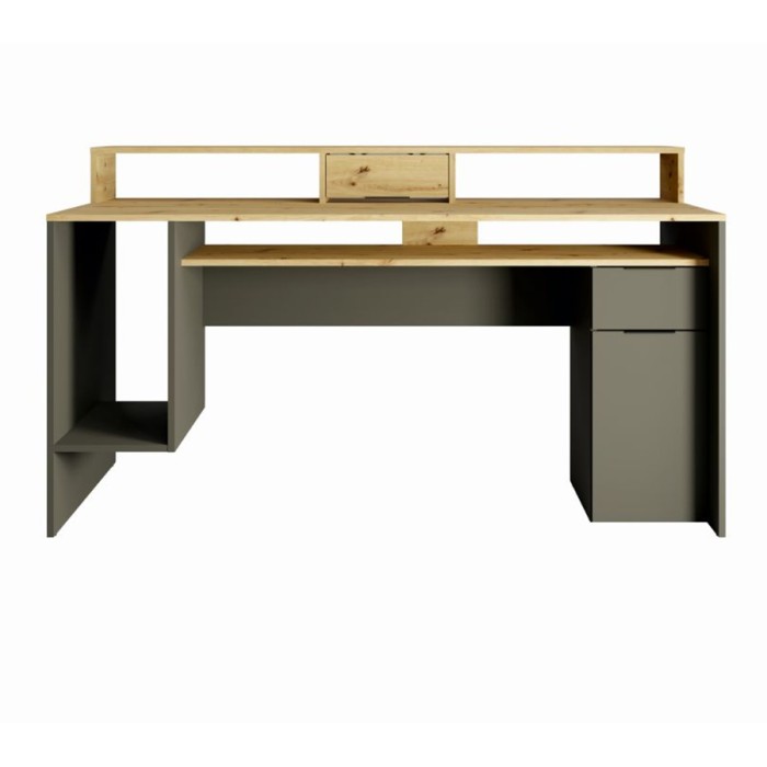 Bureau computer 160cm collectie ROXI kleur eiken en grijs met opbergruimte
