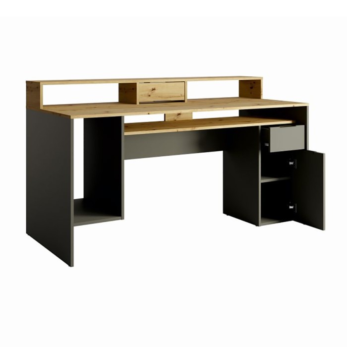 Bureau computer 160cm collectie ROXI kleur eiken en grijs met opbergruimte