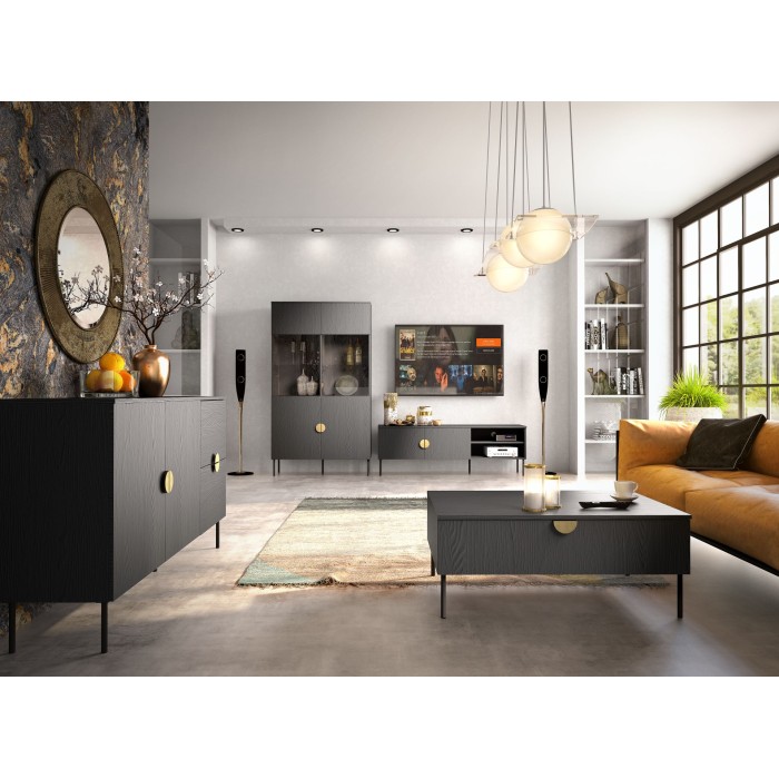 Petit buffet 2 portes et 2 tiroirs - noir avec poignées dorées - Collection MONDO