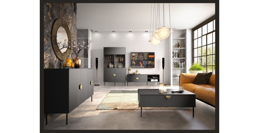 Petit buffet 2 portes et 2 tiroirs - noir avec poignées dorées - Collection MONDO