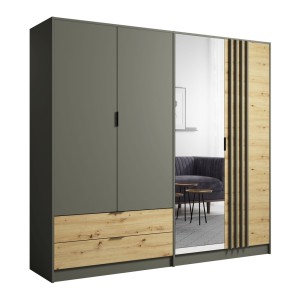 Schrank 220cm mit 4 Türen und 2 Schubladen in Graphitgrau und Eichenfarbe. Kollektion IZO