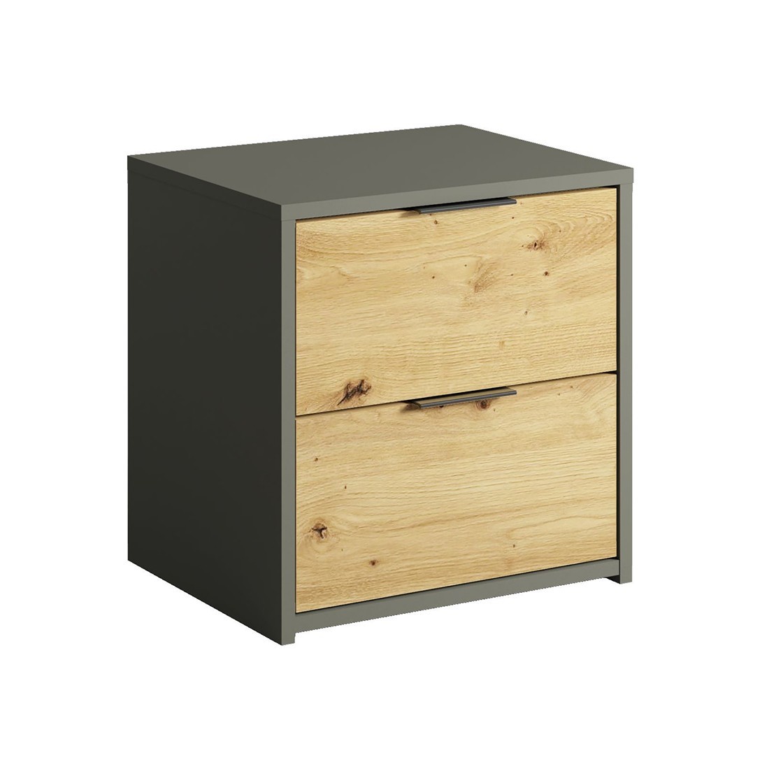 Set von zwei Design-Nachttischen mit zwei Schubladen aus der IZO-Kollektion. Farben Anthrazitgrau und Eiche.