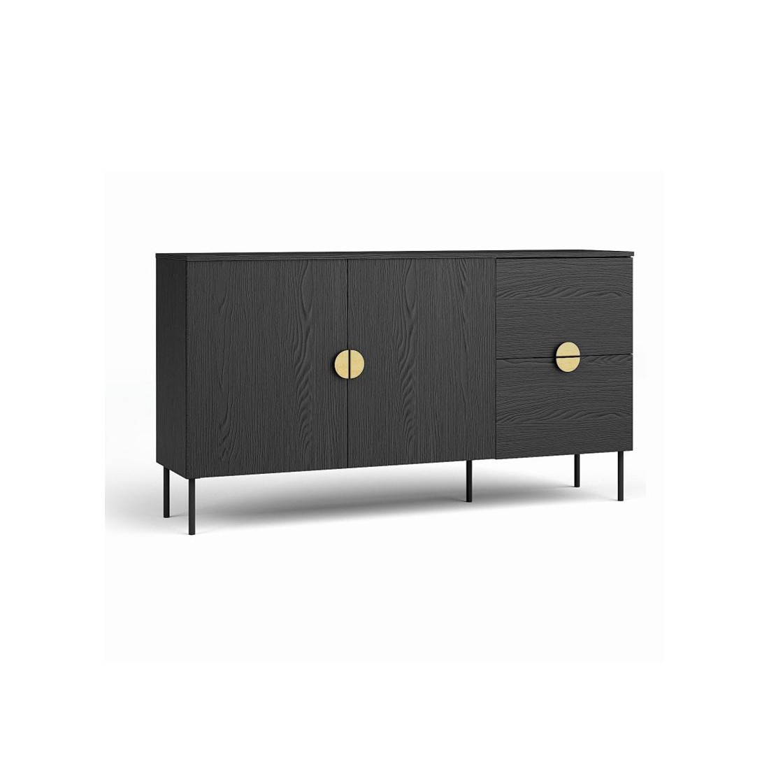 Petit buffet 2 portes et 2 tiroirs - noir avec poignées dorées - Collection MONDO
