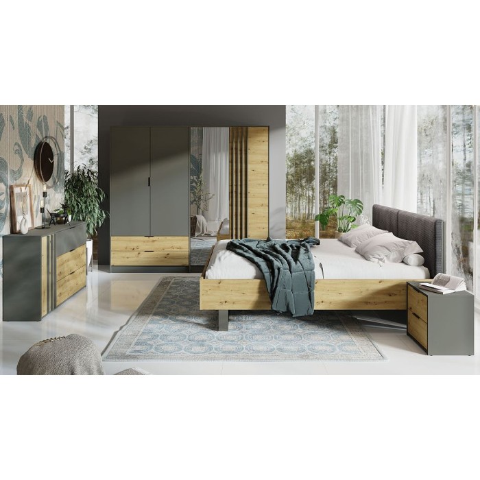 Lit adulte IZO 180x200 avec sommier inclus – chêne et gris anthracite