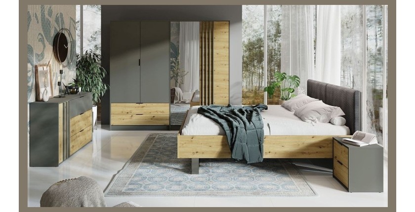 Lit adulte IZO 180x200 avec sommier inclus – chêne et gris anthracite