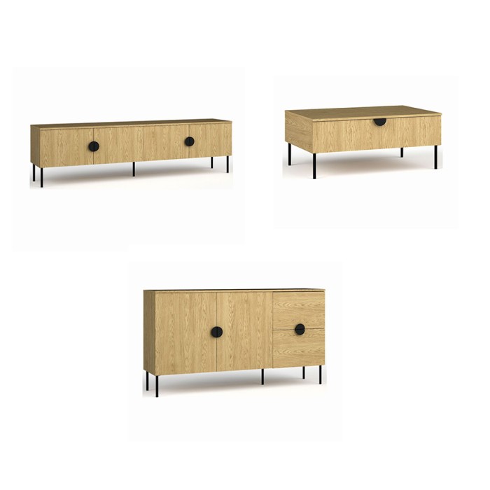 Conjunto de muebles de sala: Mueble para TV de 200 cm, mesa de centro, bufete, roble, colección MONDO