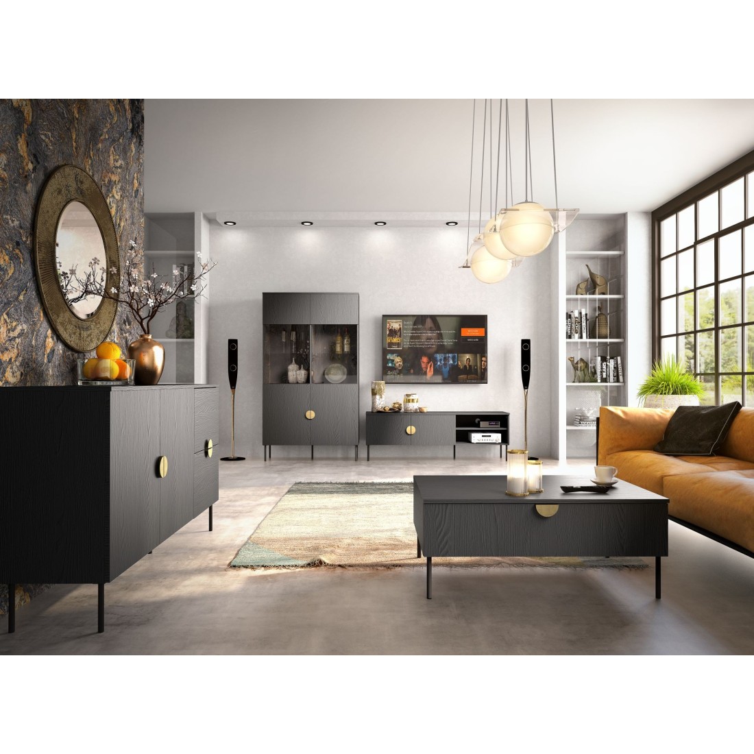 Conjunto de muebles para sala: Mueble para TV, mesa de centro, bufete, vitrina, negro con manijas doradas, colección MONDO.
