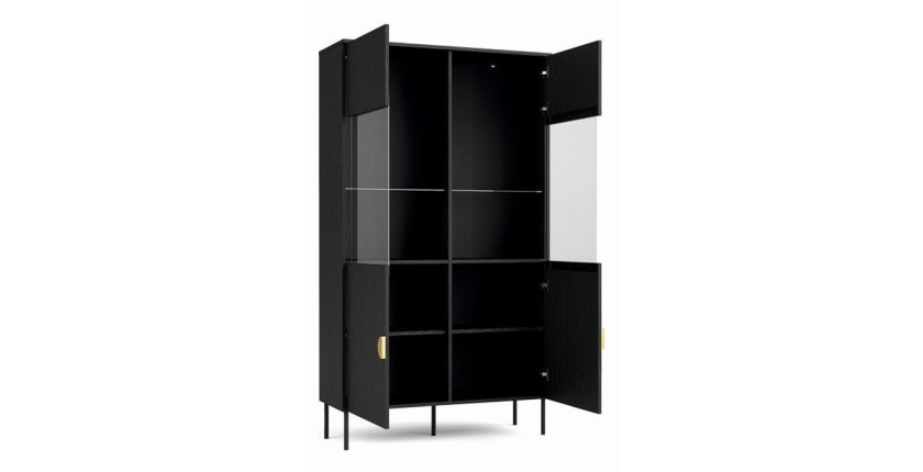 Conjunto de muebles para sala: Mueble para TV, mesa de centro, bufete, vitrina, negro con manijas doradas, colección MONDO.