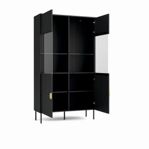 Conjunto de muebles para sala: Mueble para TV, mesa de centro, bufete, vitrina, negro con manijas doradas, colección MONDO.