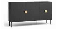 Conjunto de muebles para sala: Mueble para TV, mesa de centro, bufete, vitrina, negro con manijas doradas, colección MONDO.