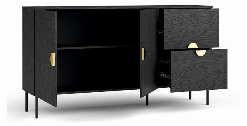 Conjunto de muebles para sala: Mueble para TV, mesa de centro, bufete, vitrina, negro con manijas doradas, colección MONDO.