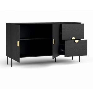 Conjunto de muebles para sala: Mueble para TV, mesa de centro, bufete, vitrina, negro con manijas doradas, colección MONDO.