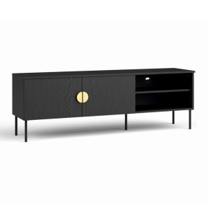 Conjunto de muebles para sala: Mueble para TV, mesa de centro, bufete, vitrina, negro con manijas doradas, colección MONDO.