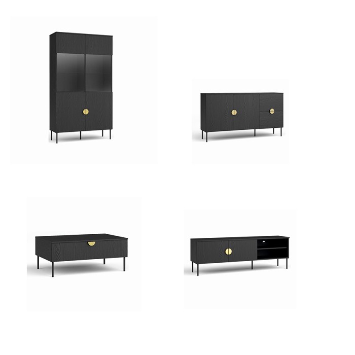 Komplettes Wohnzimmer MONDO 4 Möbel schwarz goldene Griffe modernes Design