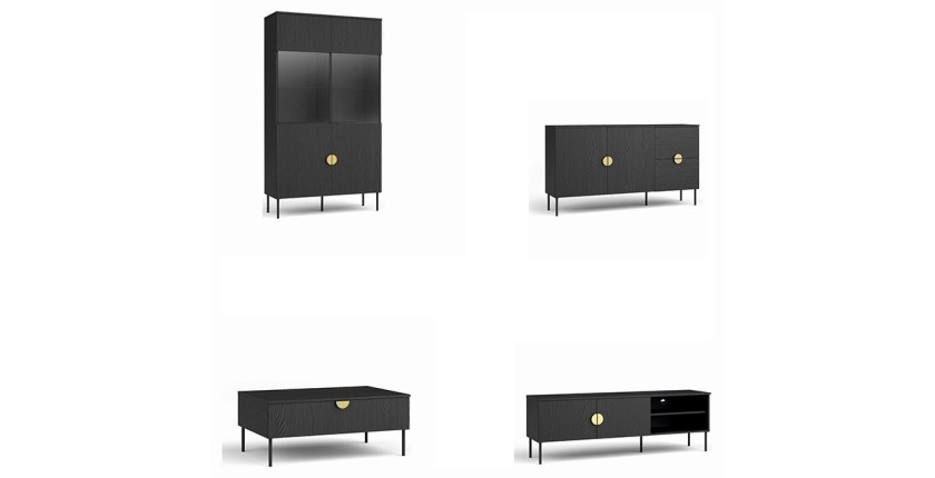 Conjunto de muebles para sala: Mueble para TV, mesa de centro, bufete, vitrina, negro con manijas doradas, colección MONDO.