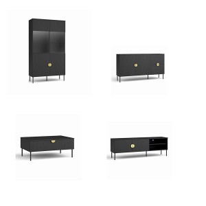 Conjunto de muebles para sala: Mueble para TV, mesa de centro, bufete, vitrina, negro con manijas doradas, colección MONDO.
