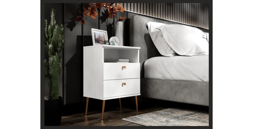 Mesita de Noche con 2 Cajones y Nicho - Blanco Alpino y Patas de Metal Dorado - Colección Aurora