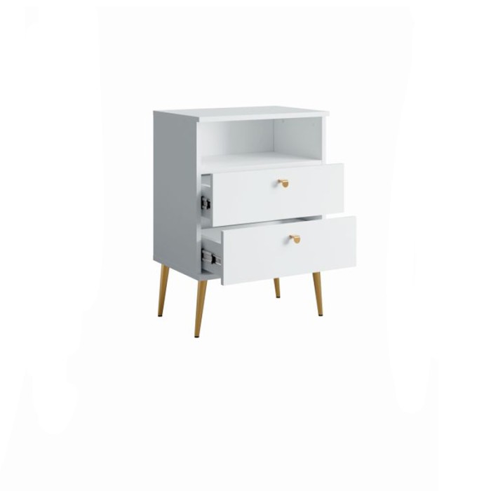 Table de chevet AURORA – 2 tiroirs + niche – Blanc alpin et pieds dorés