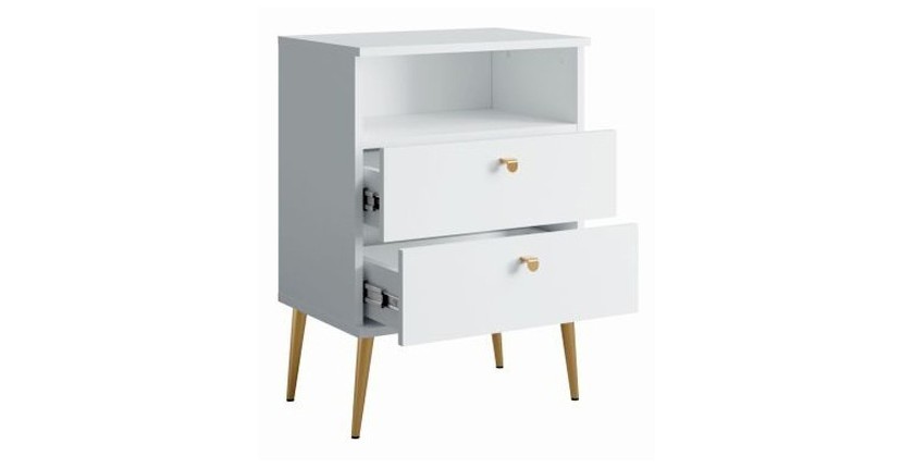 Nachtkastje met 2 Laden en Open Vak - Alpenwit en Gouden Metalen Poten - Collectie Aurora