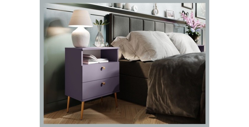 Nachttisch mit 2 Schubladen und Ablagefach - Violett und goldene Metallbeine - Kollektion Aurora