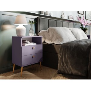 Nachttisch mit 2 Schubladen und Ablagefach - Violett und goldene Metallbeine - Kollektion Aurora